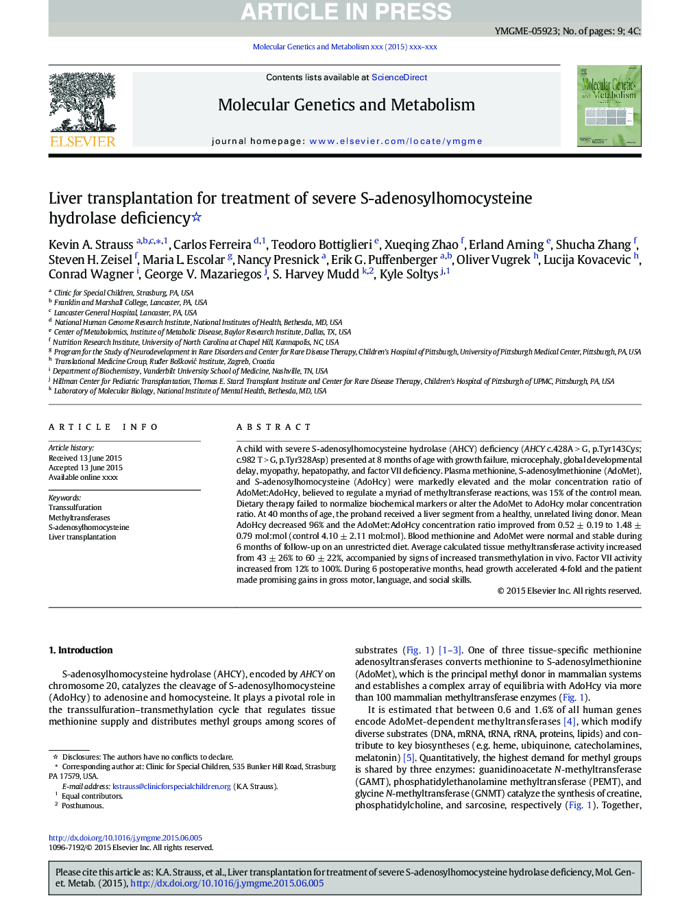 Liver transplantation for treatment of severe S-adenosylhomocysteine hydrolase deficiency