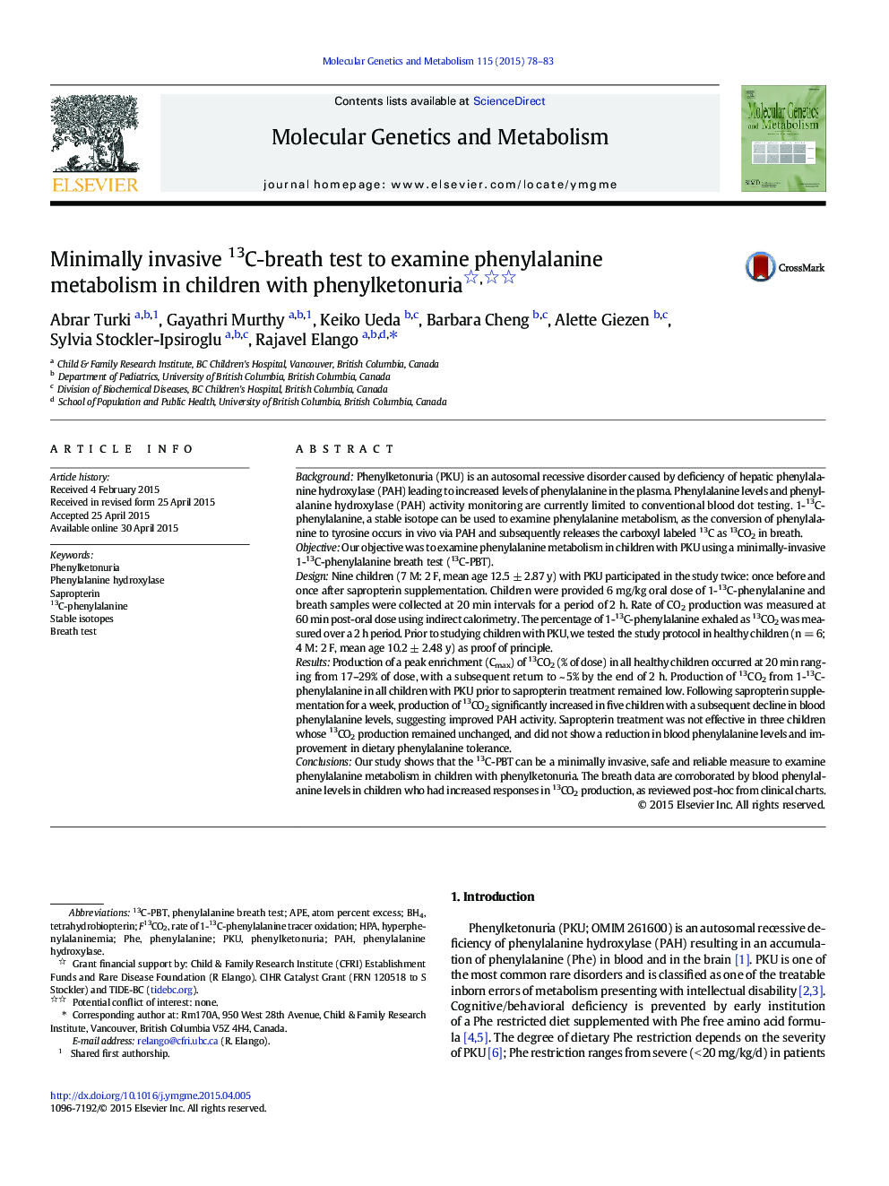 Minimally invasive 13C-breath test to examine phenylalanine metabolism in children with phenylketonuria