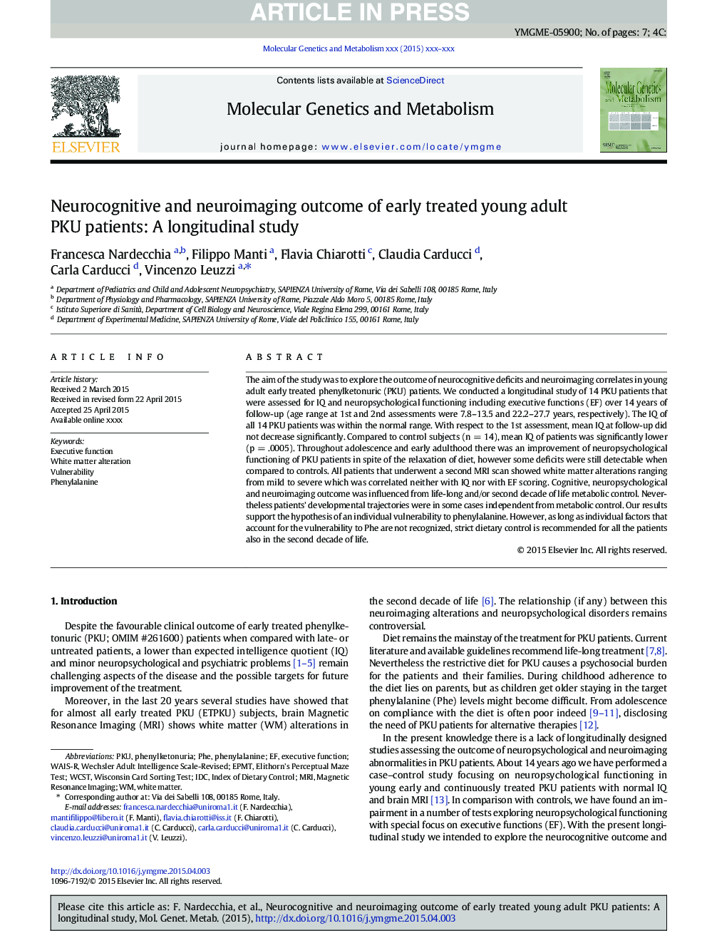 Neurocognitive and neuroimaging outcome of early treated young adult PKU patients: A longitudinal study