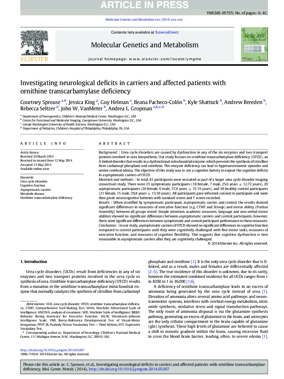 Investigating neurological deficits in carriers and affected patients with ornithine transcarbamylase deficiency