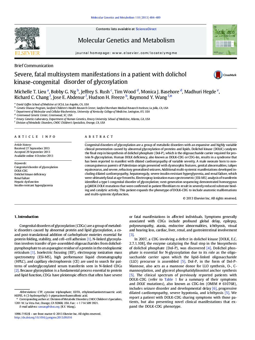 Severe, fatal multisystem manifestations in a patient with dolichol kinase-congenital disorder of glycosylation