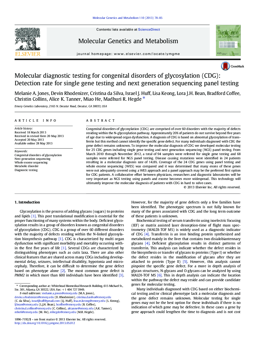 Molecular diagnostic testing for congenital disorders of glycosylation (CDG): Detection rate for single gene testing and next generation sequencing panel testing