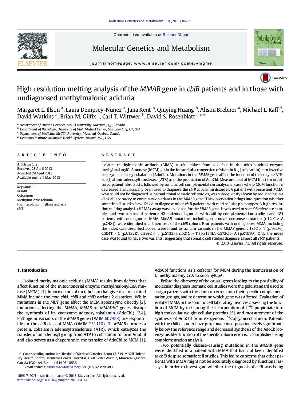 High resolution melting analysis of the MMAB gene in cblB patients and in those with undiagnosed methylmalonic aciduria