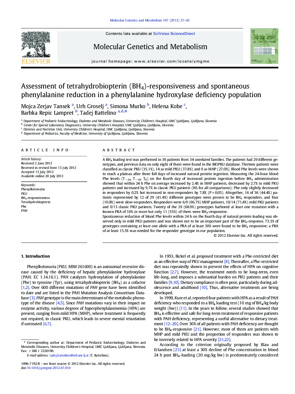 عکس صفحه اول مقاله: Assessment of tetrahydrobiopterin (BH4)-responsiveness and spontaneous phenylalanine reduction in a phenylalanine hydroxylase deficiency population Assessment of tetrahydrobiopterin (BH4)-responsiveness and spontaneous phenylalanine reduction in a phenylalanine hydroxylase deficiency population