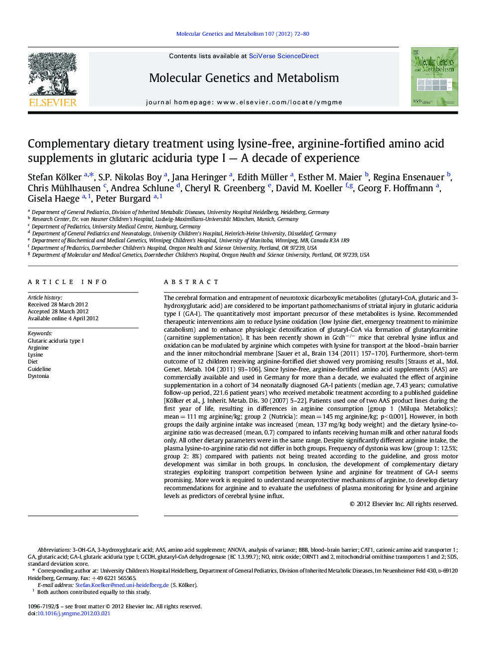 Complementary dietary treatment using lysine-free, arginine-fortified amino acid supplements in glutaric aciduria type I - A decade of experience