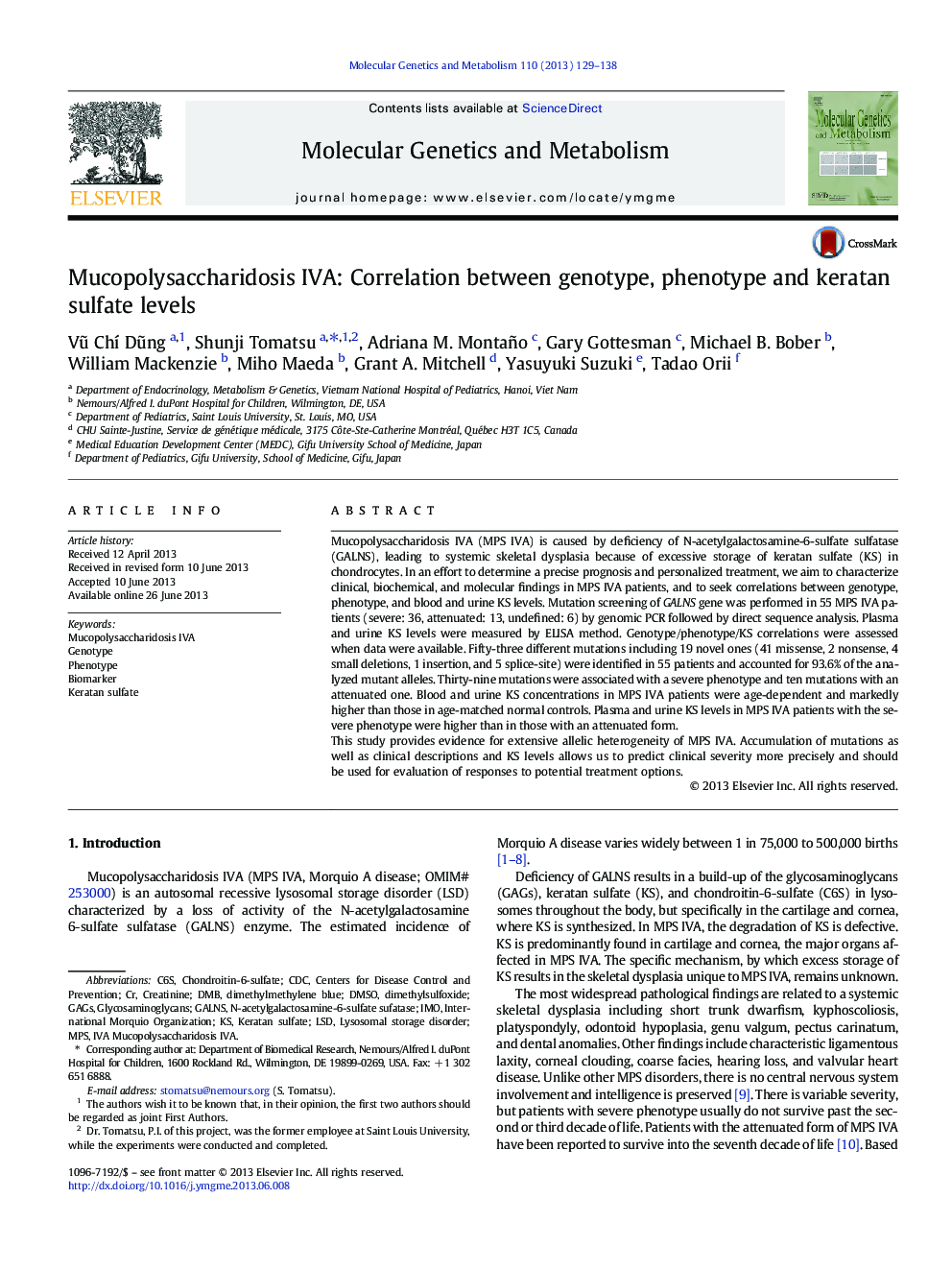 Mucopolysaccharidosis IVA: Correlation between genotype, phenotype and keratan sulfate levels
