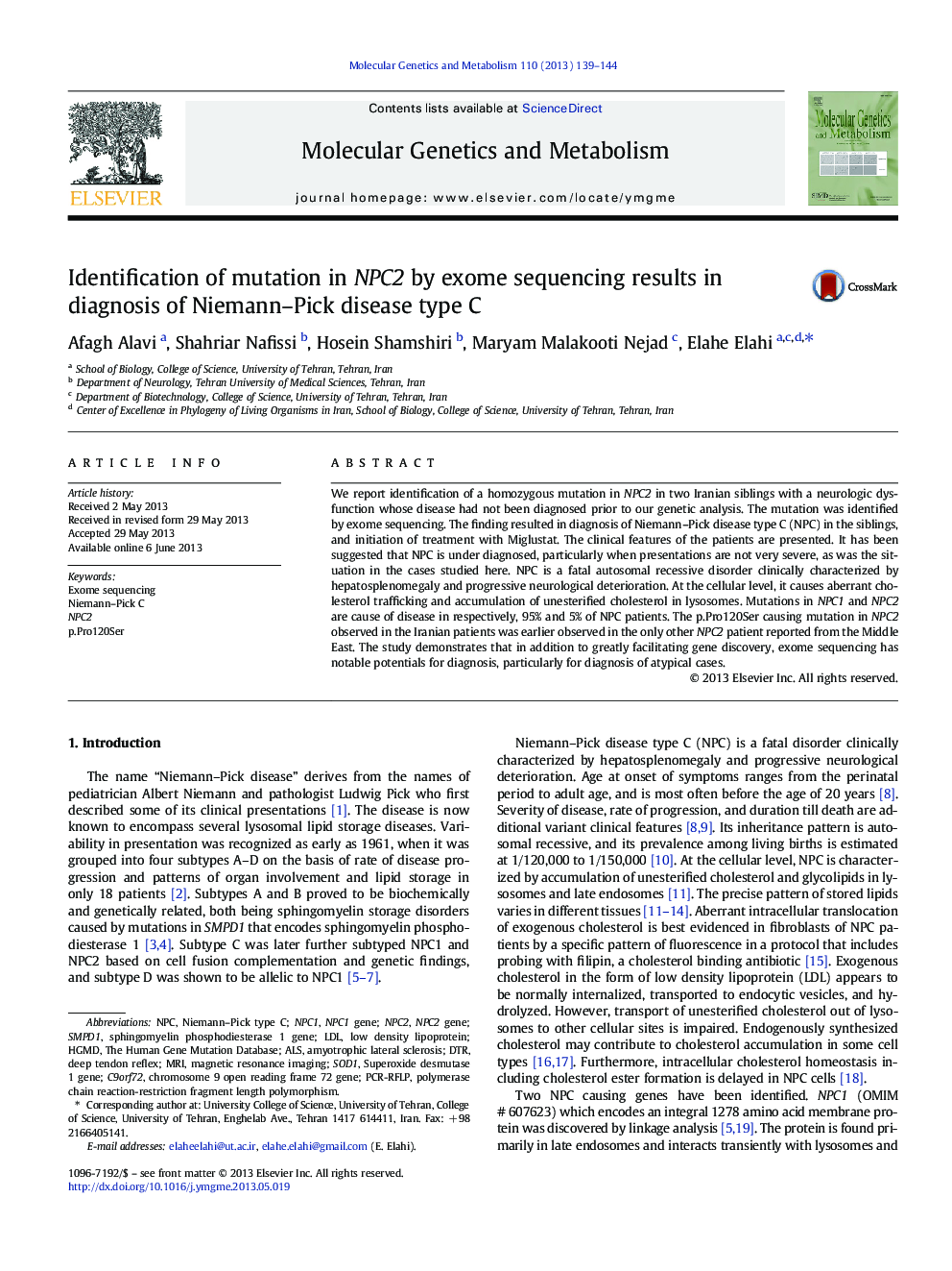 عکس صفحه اول مقاله: Identification of mutation in NPC2 by exome sequencing results in diagnosis of Niemann-Pick disease type C Identification of mutation in NPC2 by exome sequencing results in diagnosis of Niemann-Pick disease type C