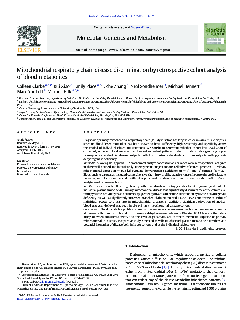 Mitochondrial respiratory chain disease discrimination by retrospective cohort analysis of blood metabolites