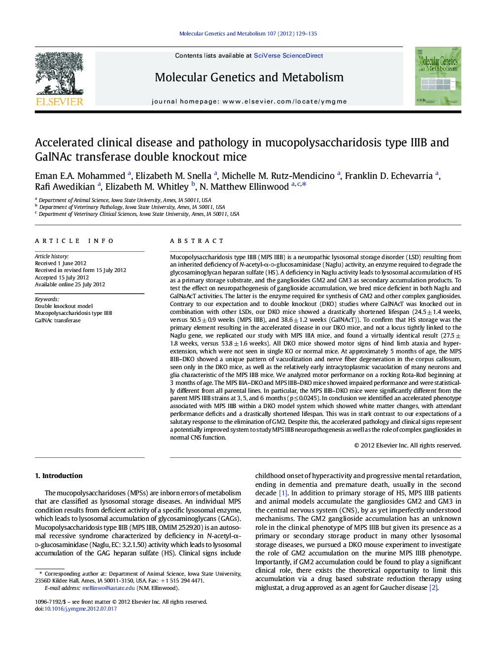 Accelerated clinical disease and pathology in mucopolysaccharidosis type IIIB and GalNAc transferase double knockout mice
