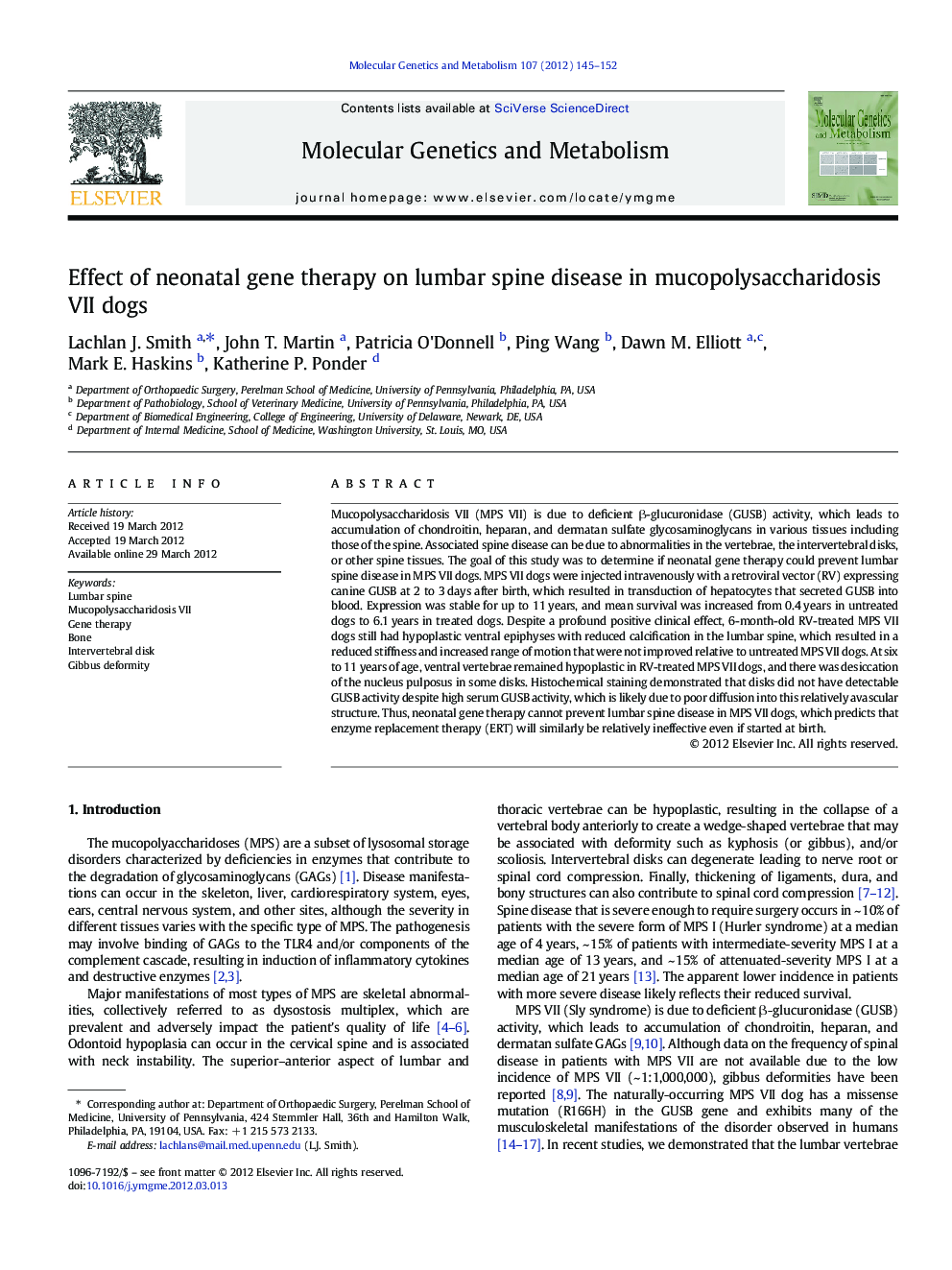 Effect of neonatal gene therapy on lumbar spine disease in mucopolysaccharidosis VII dogs