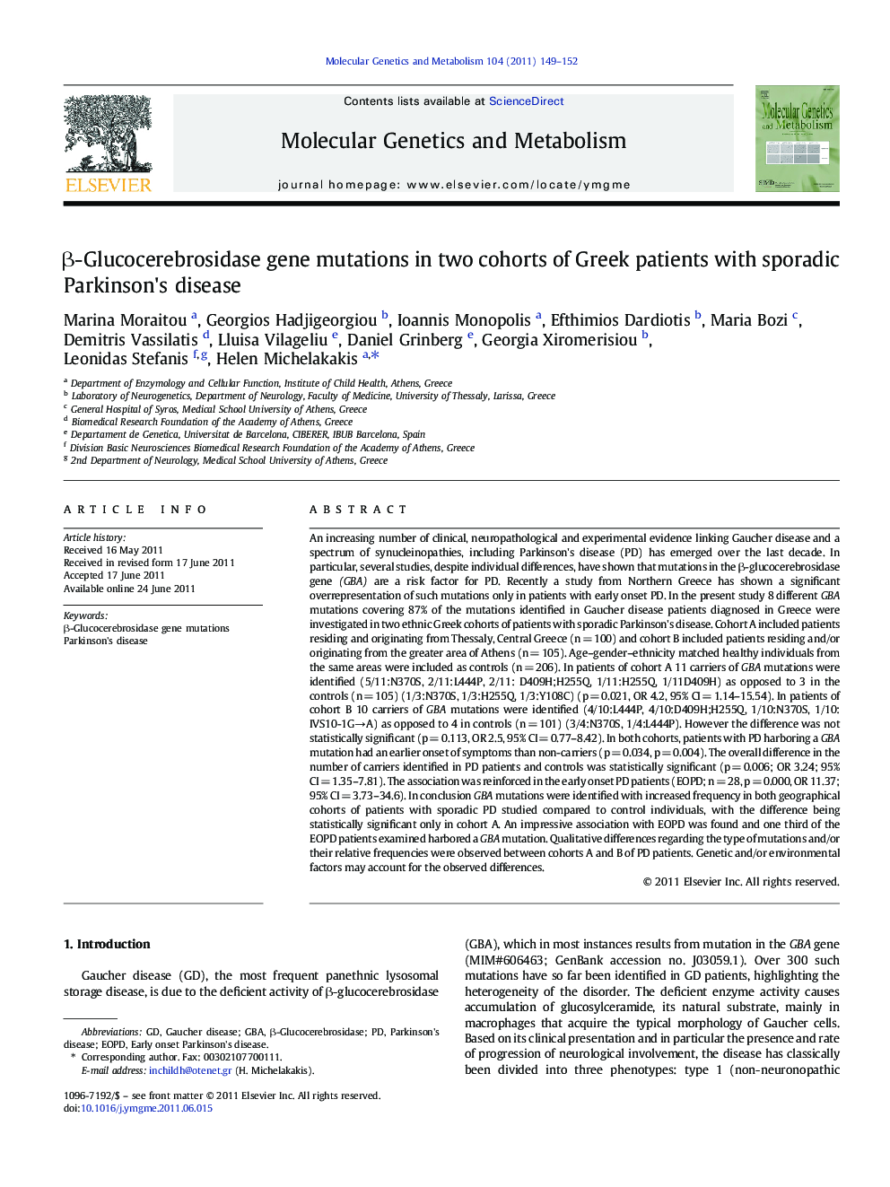 Î²-Glucocerebrosidase gene mutations in two cohorts of Greek patients with sporadic Parkinson's disease