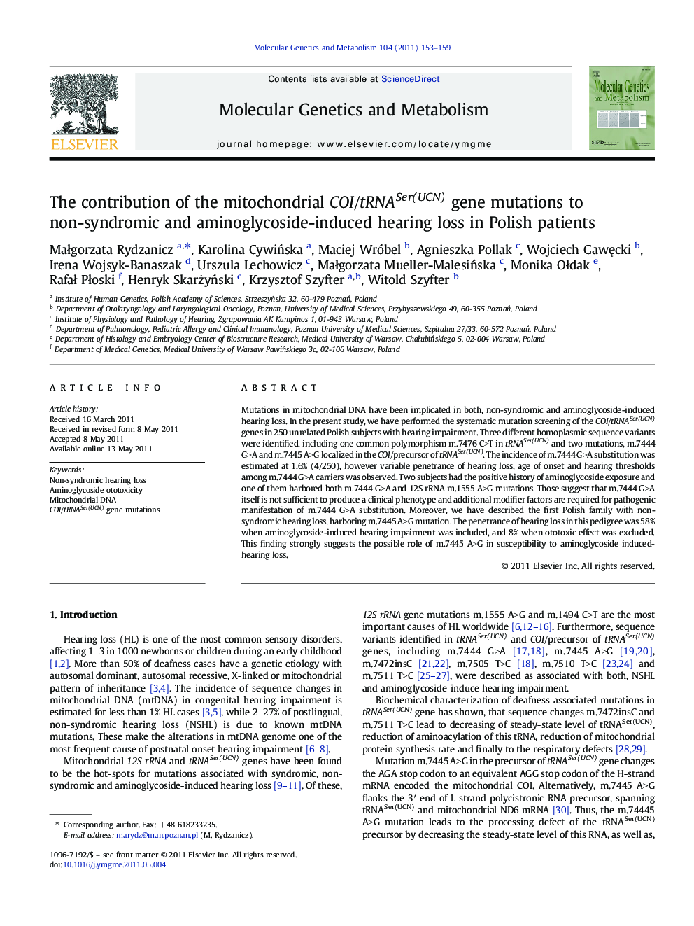 The contribution of the mitochondrial COI/tRNASer(UCN) gene mutations to non-syndromic and aminoglycoside-induced hearing loss in Polish patients