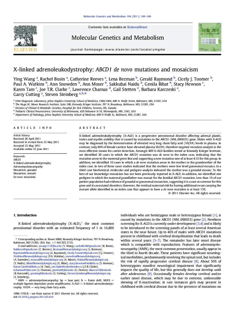 X-linked adrenoleukodystrophy: ABCD1 de novo mutations and mosaicism