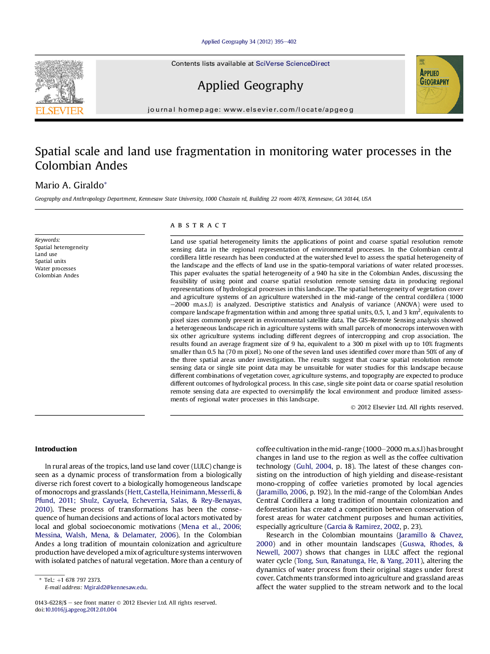 Spatial scale and land use fragmentation in monitoring water processes in the Colombian Andes