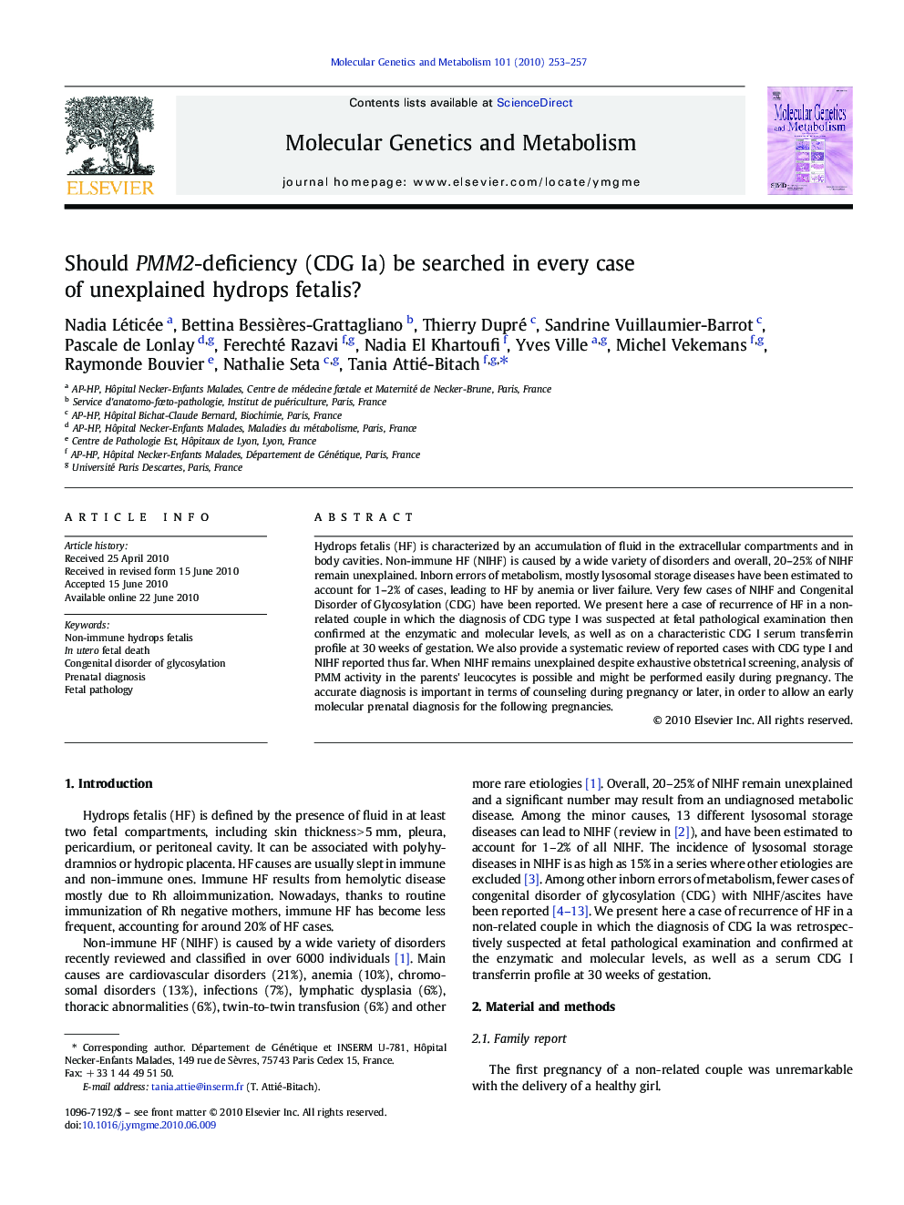 Should PMM2-deficiency (CDG Ia) be searched in every case of unexplained hydrops fetalis?