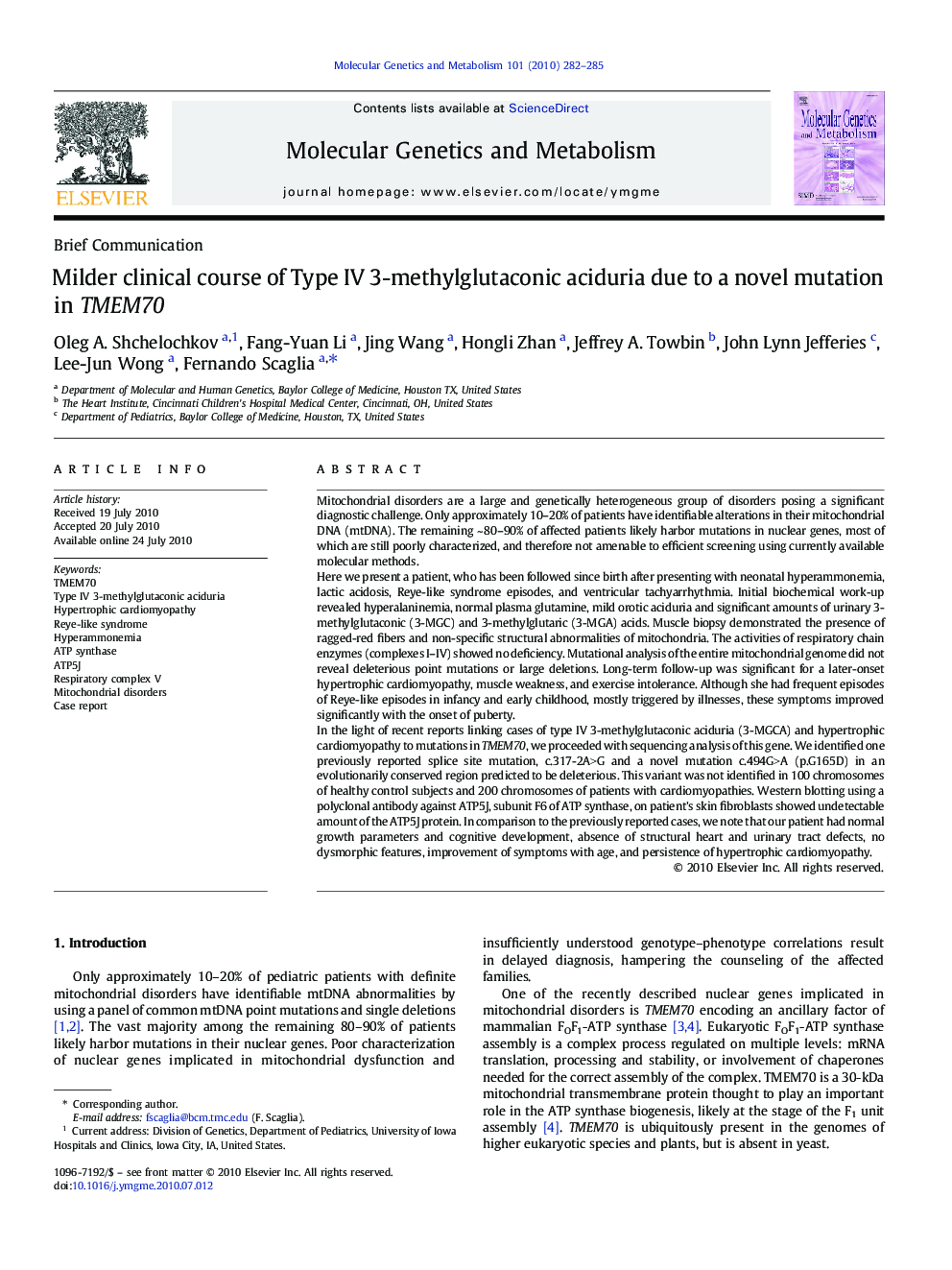 Milder clinical course of Type IV 3-methylglutaconic aciduria due to a novel mutation in TMEM70