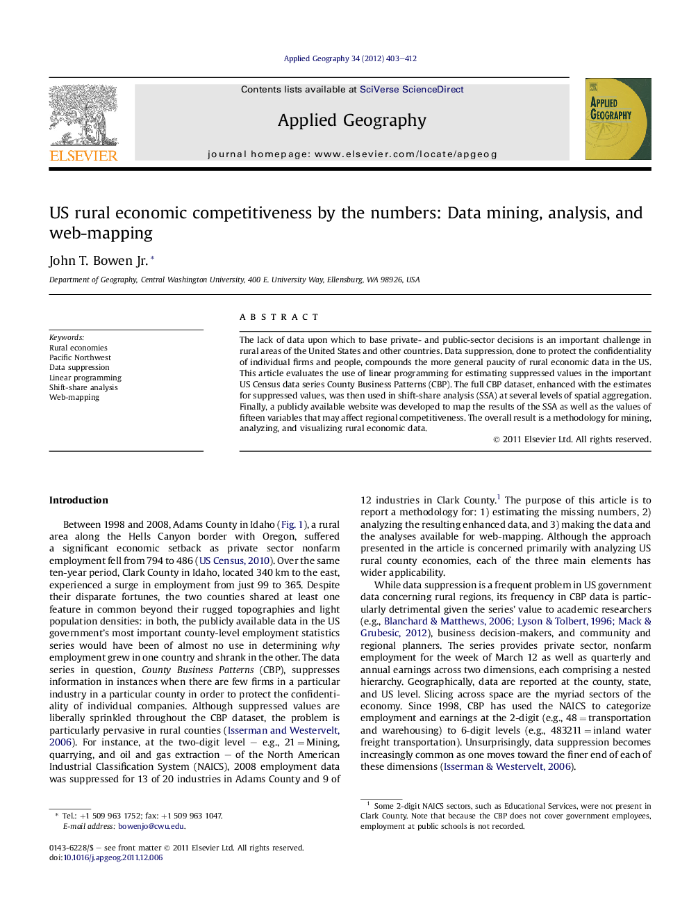 US rural economic competitiveness by the numbers: Data mining, analysis, and web-mapping