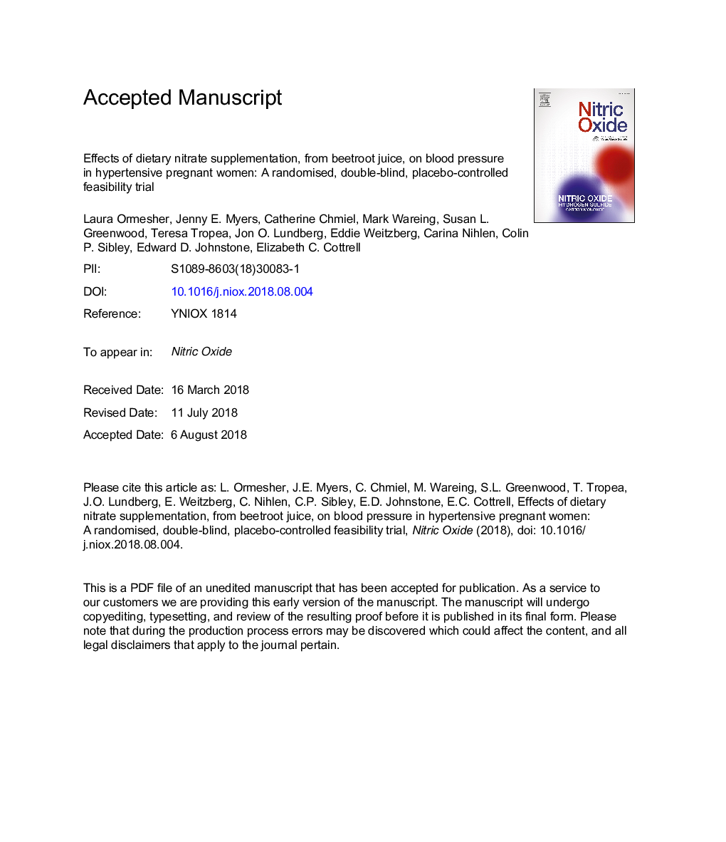 Effects of dietary nitrate supplementation, from beetroot juice, on blood pressure in hypertensive pregnant women: A randomised, double-blind, placebo-controlled feasibility trial