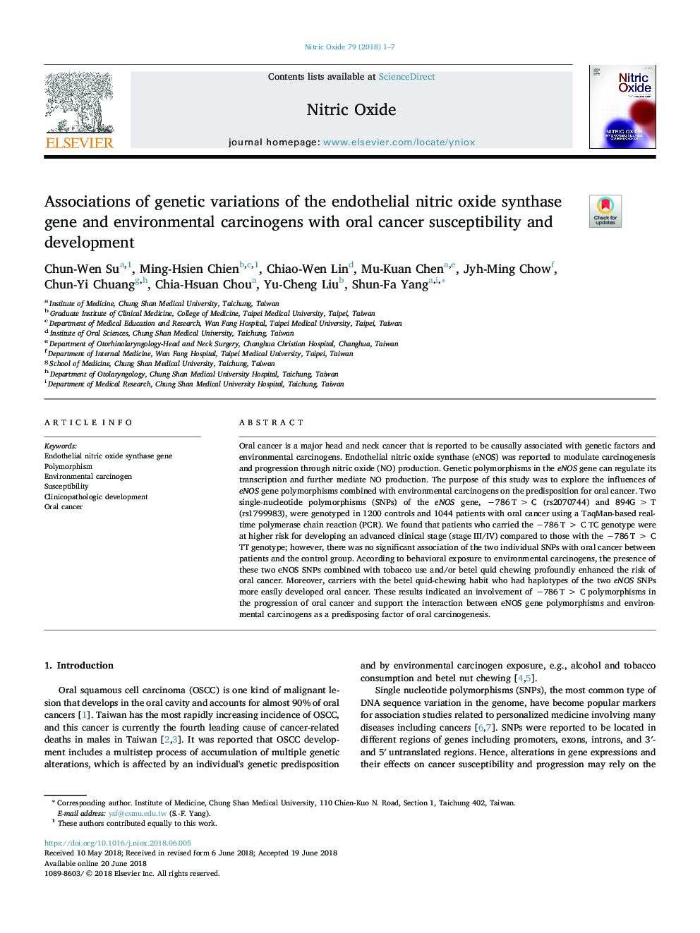 Associations of genetic variations of the endothelial nitric oxide synthase gene and environmental carcinogens with oral cancer susceptibility and development