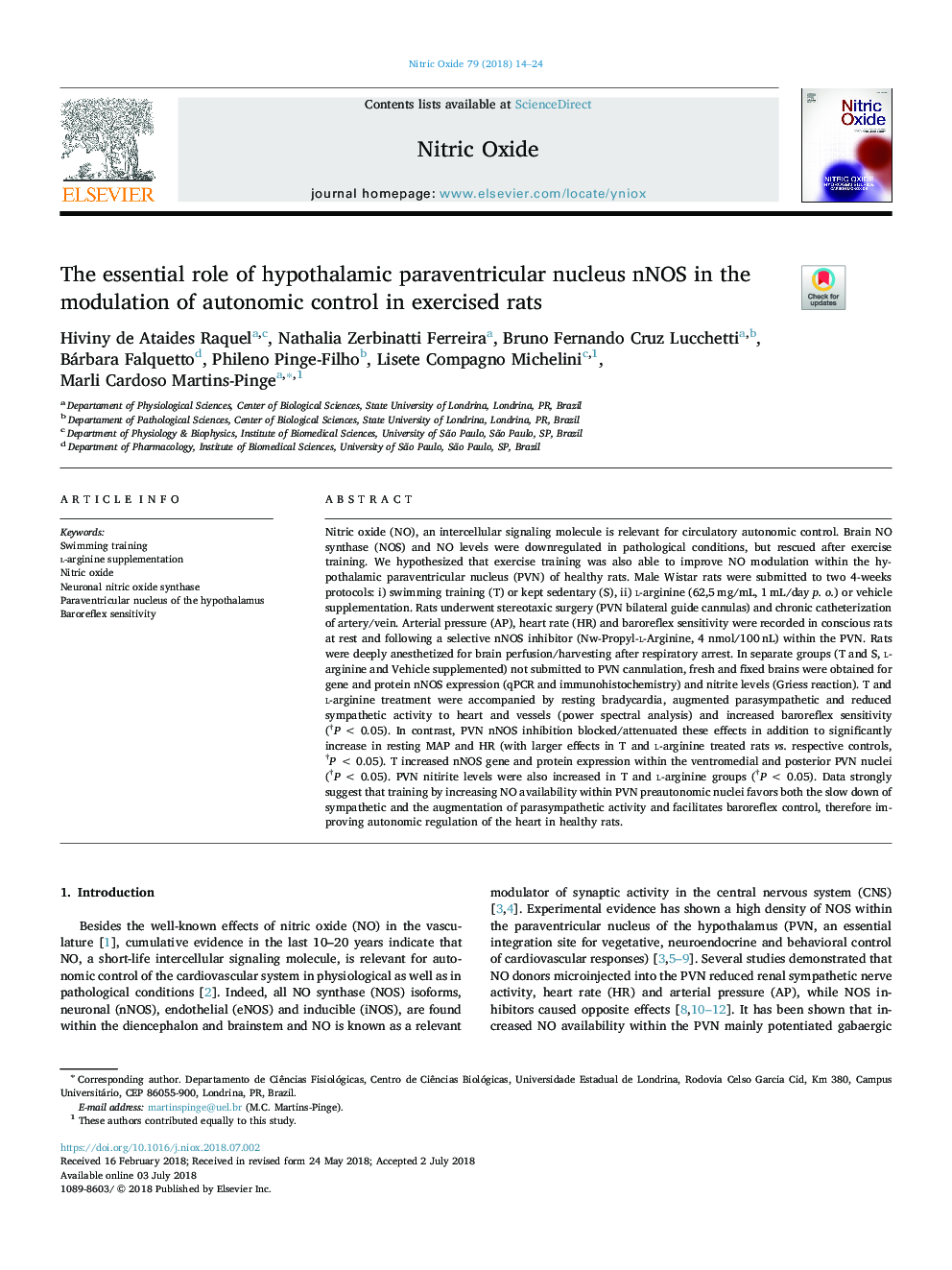 The essential role of hypothalamic paraventricular nucleus nNOS in the modulation of autonomic control in exercised rats