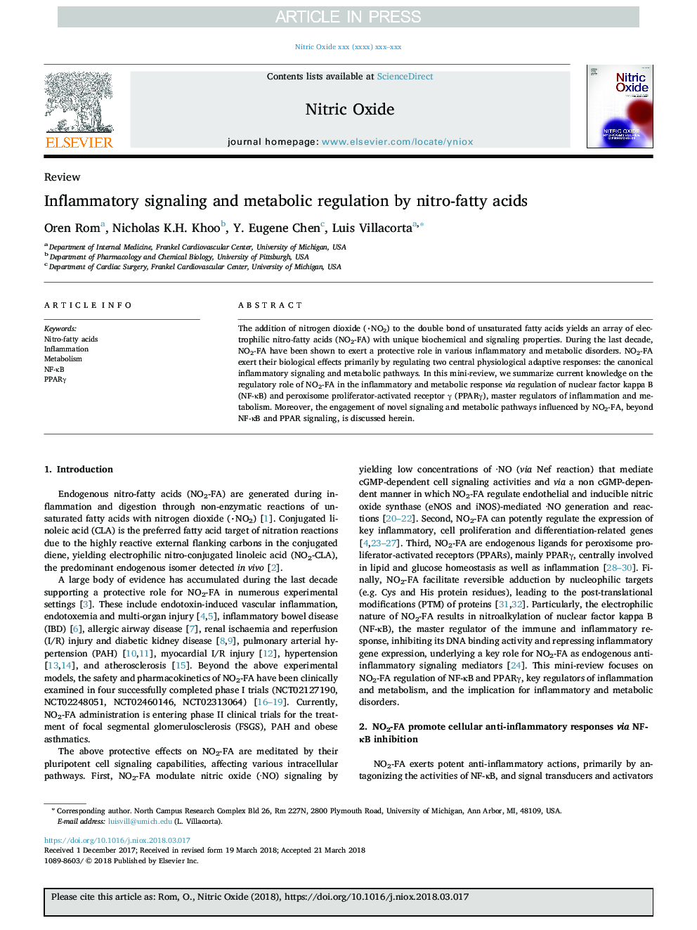 Inflammatory signaling and metabolic regulation by nitro-fatty acids