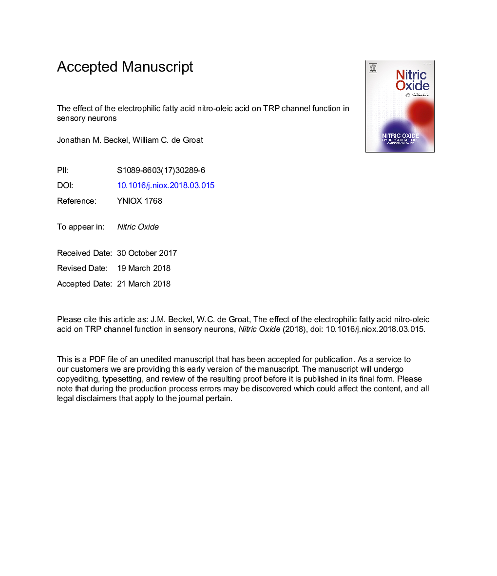 The effect of the electrophilic fatty acid nitro-oleic acid on TRP channel function in sensory neurons