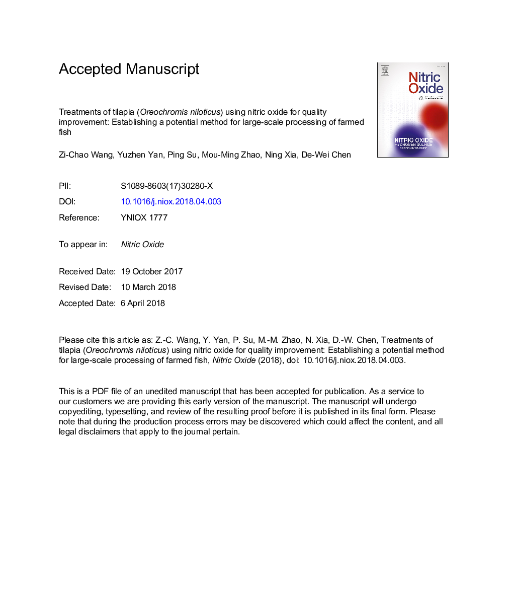 Treatments of tilapia (Oreochromis niloticus) using nitric oxide for quality improvement: Establishing a potential method for large-scale processing of farmed fish