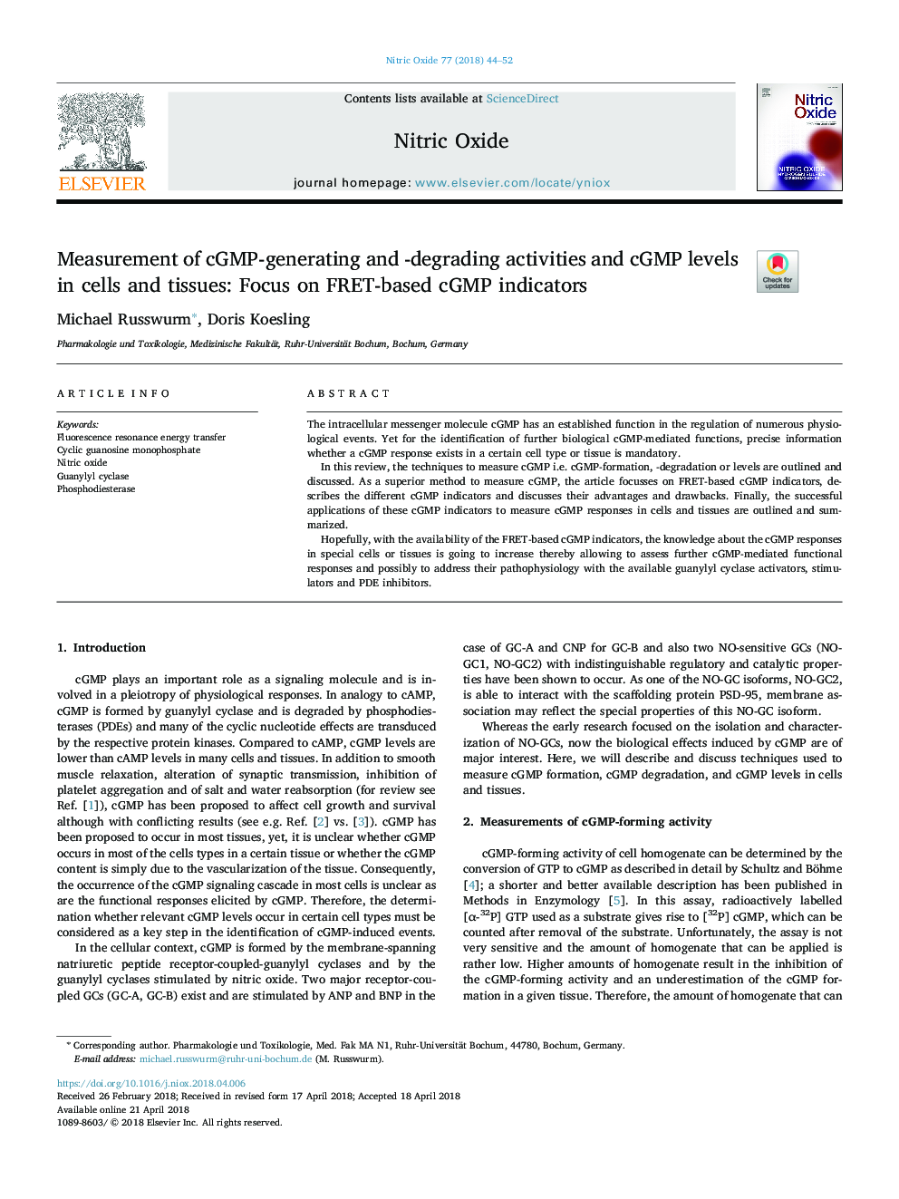 Measurement of cGMP-generating and -degrading activities and cGMP levels in cells and tissues: Focus on FRET-based cGMP indicators