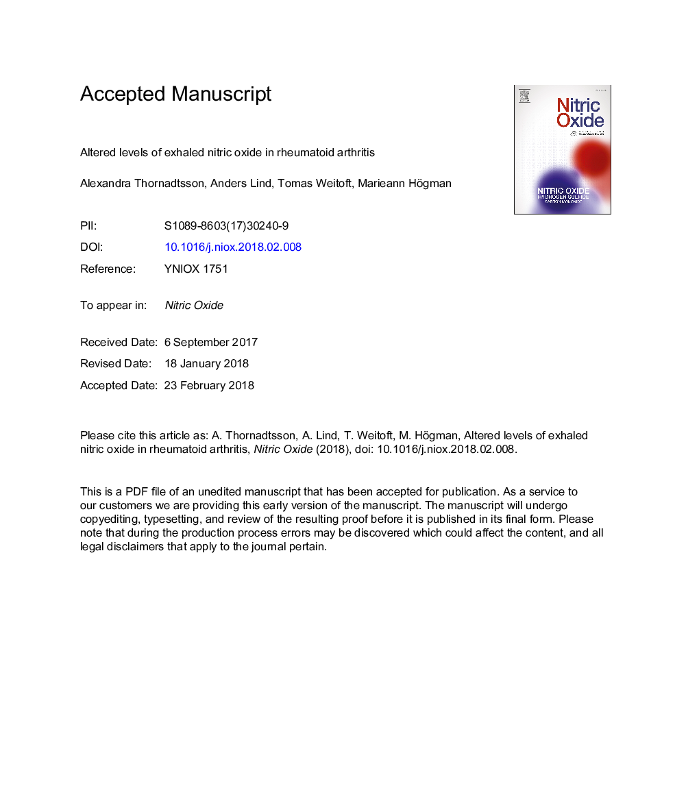 Altered levels of exhaled nitric oxide in rheumatoid arthritis