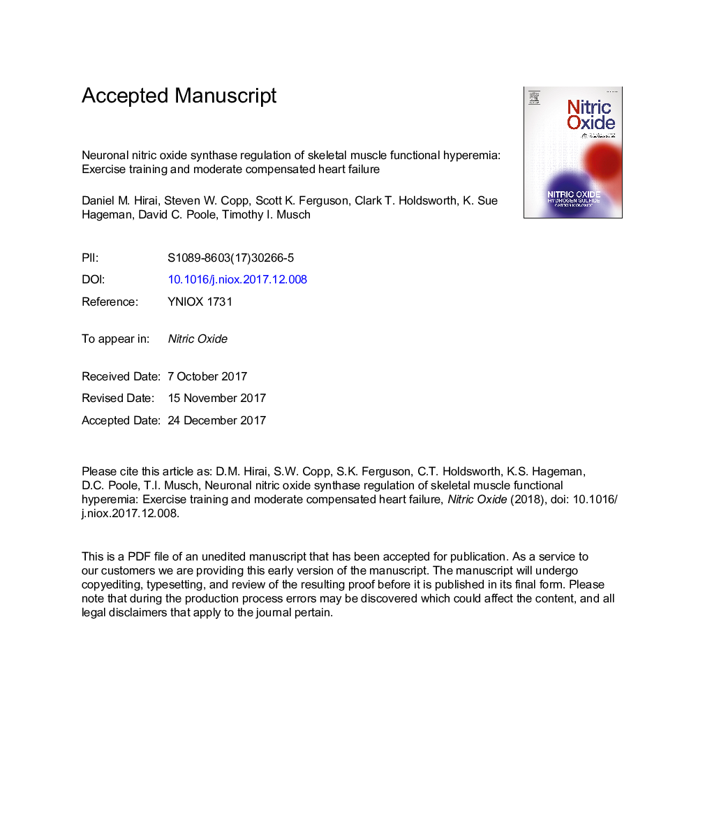 Neuronal nitric oxide synthase regulation of skeletal muscle functional hyperemia: exercise training and moderate compensated heart failure