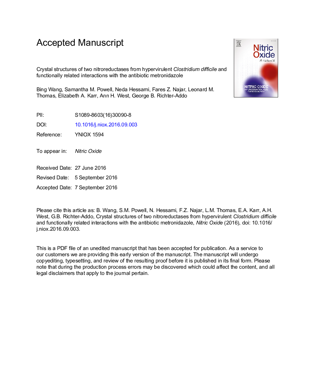 عکس صفحه اول مقاله: Crystal structures of two nitroreductases from hypervirulent Clostridium difficile and functionally related interactions with the antibiotic metronidazole Crystal structures of two nitroreductases from hypervirulent Clostridium difficile and functionally related interactions with the antibiotic metronidazole