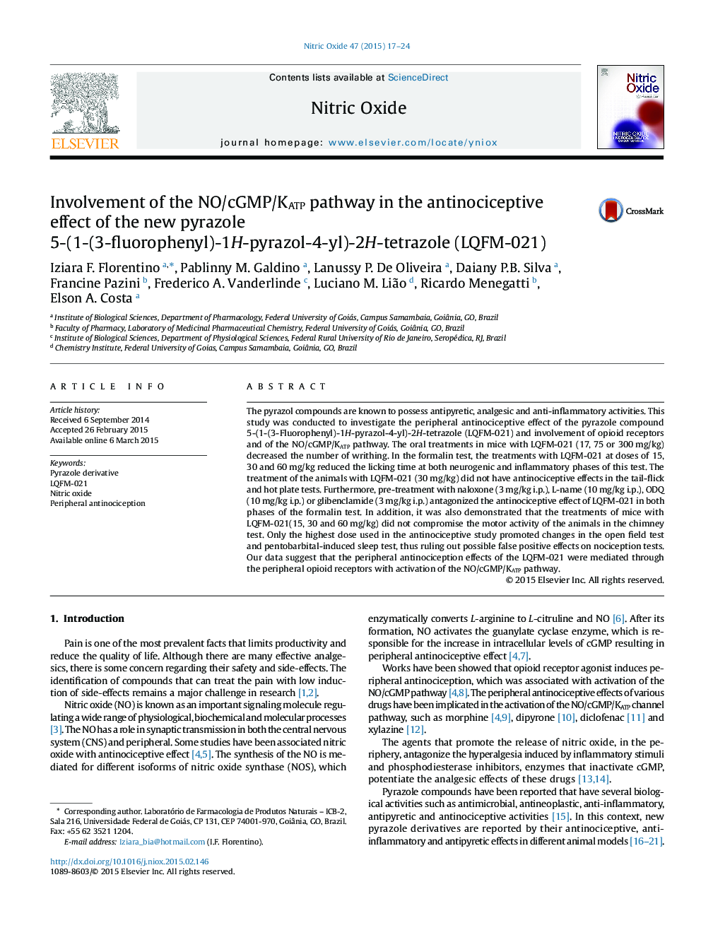 Involvement of the NO/cGMP/KATP pathway in the antinociceptive effect of the new pyrazole 5-(1-(3-fluorophenyl)-1H-pyrazol-4-yl)-2H-tetrazole (LQFM-021)