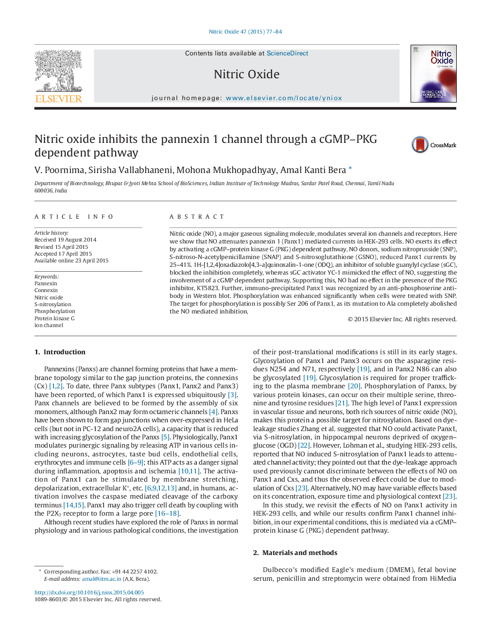 Nitric oxide inhibits the pannexin 1 channel through a cGMP-PKG dependent pathway