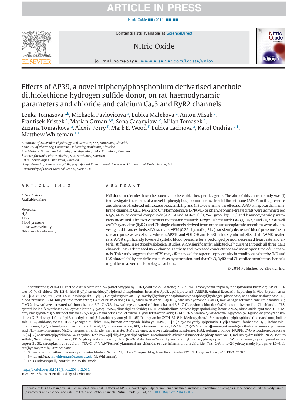 Effects of AP39, a novel triphenylphosphonium derivatised anethole dithiolethione hydrogen sulfide donor, on rat haemodynamic parameters and chloride and calcium Cav3 and RyR2 channels