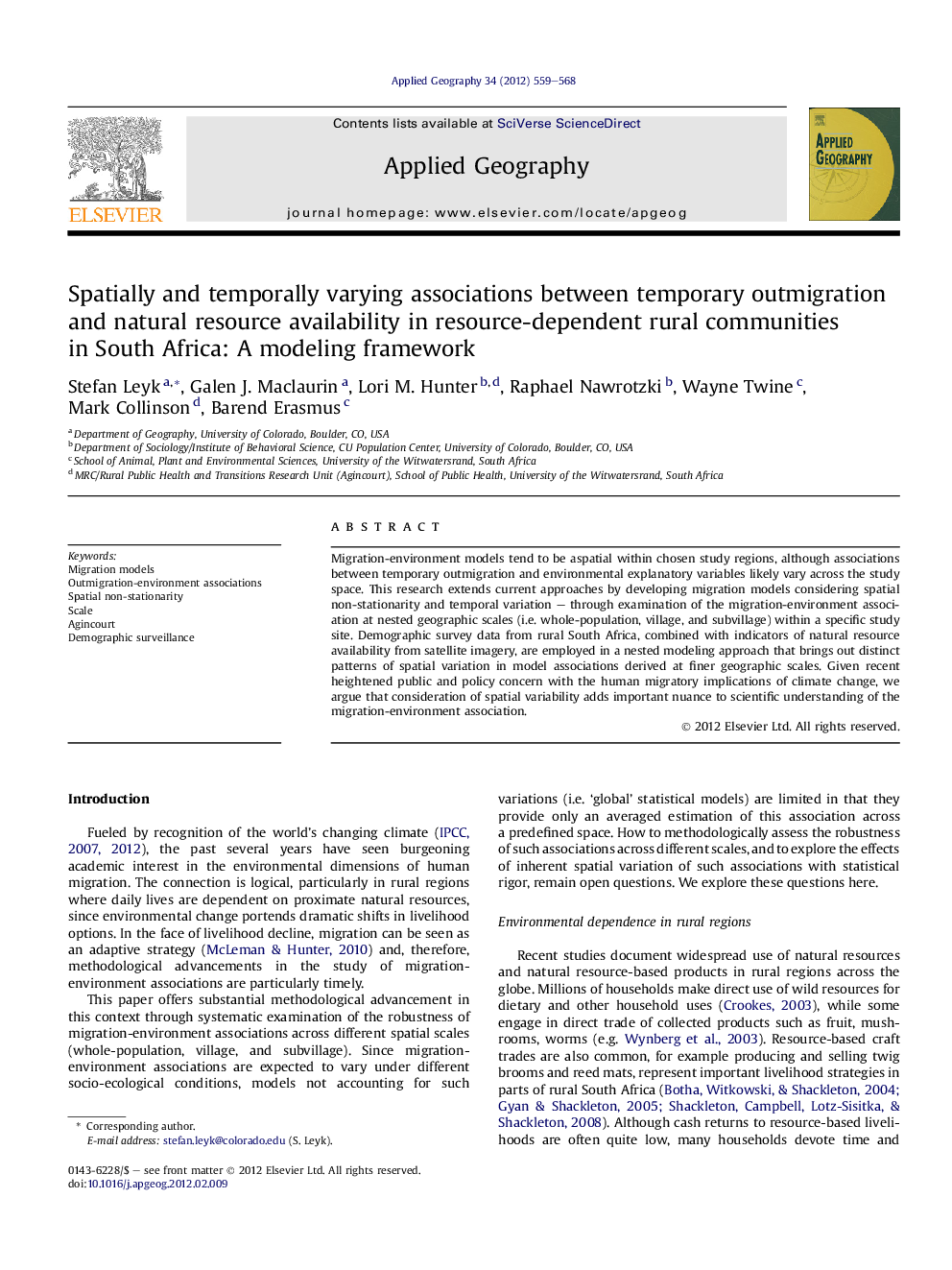 Spatially and temporally varying associations between temporary outmigration and natural resource availability in resource-dependent rural communities in South Africa: A modeling framework