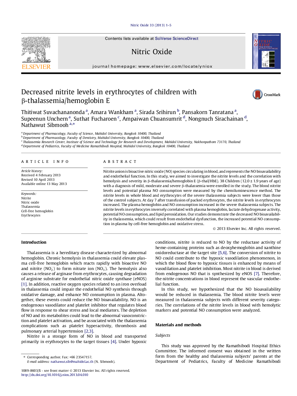 Decreased nitrite levels in erythrocytes of children with Î²-thalassemia/hemoglobin E