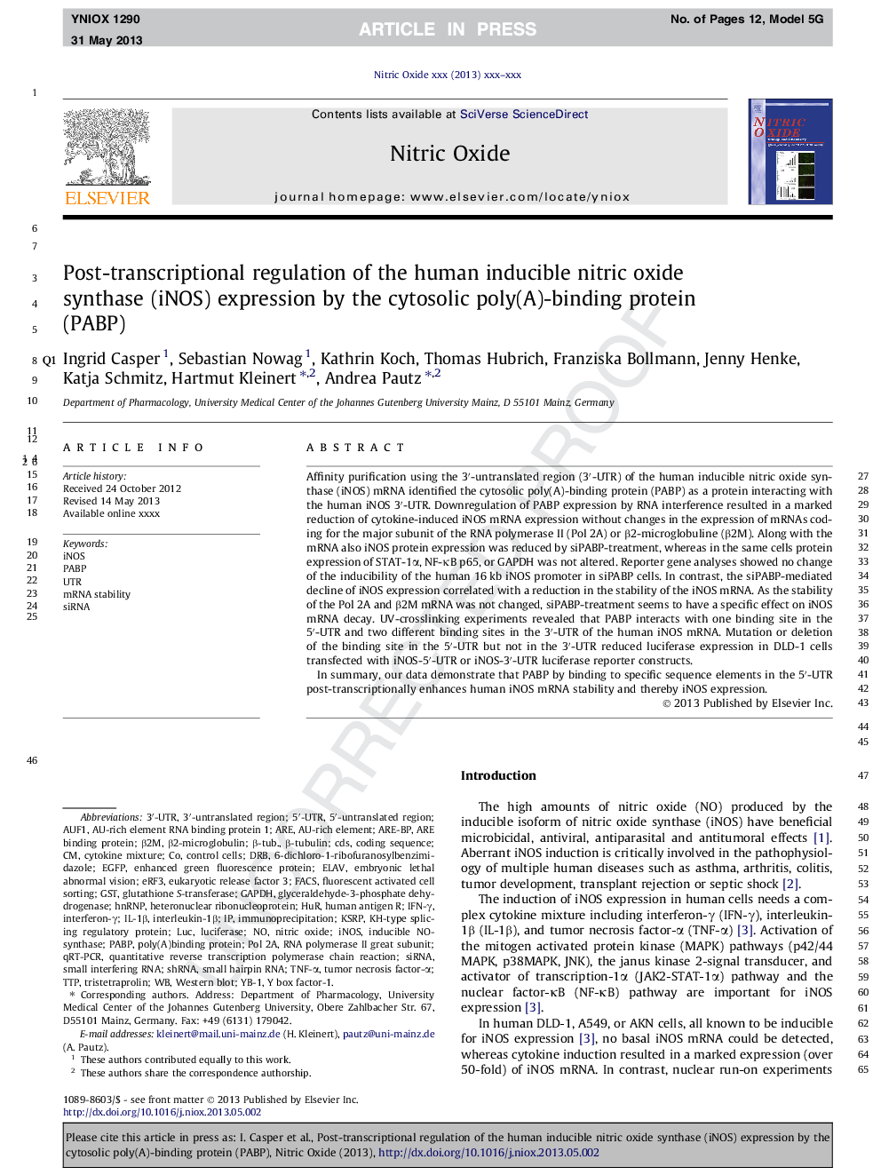 Post-transcriptional regulation of the human inducible nitric oxide synthase (iNOS) expression by the cytosolic poly(A)-binding protein (PABP)