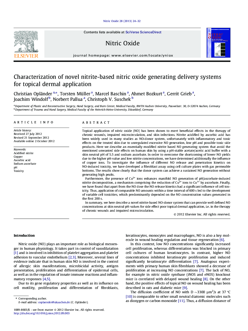 Characterization of novel nitrite-based nitric oxide generating delivery systems for topical dermal application