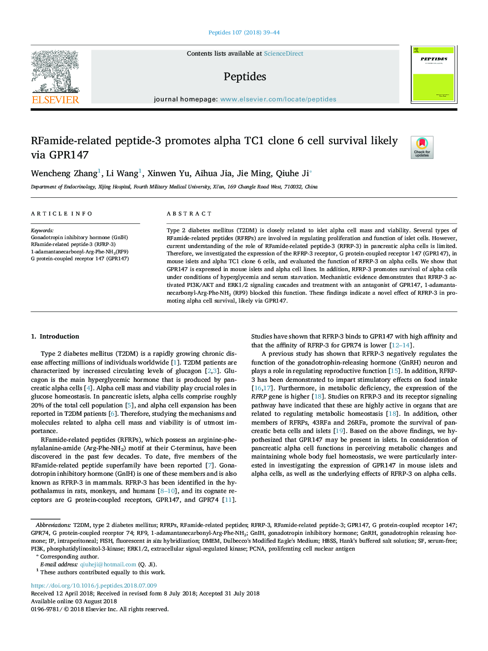 RFamide-related peptide-3 promotes alpha TC1 clone 6 cell survival likely via GPR147