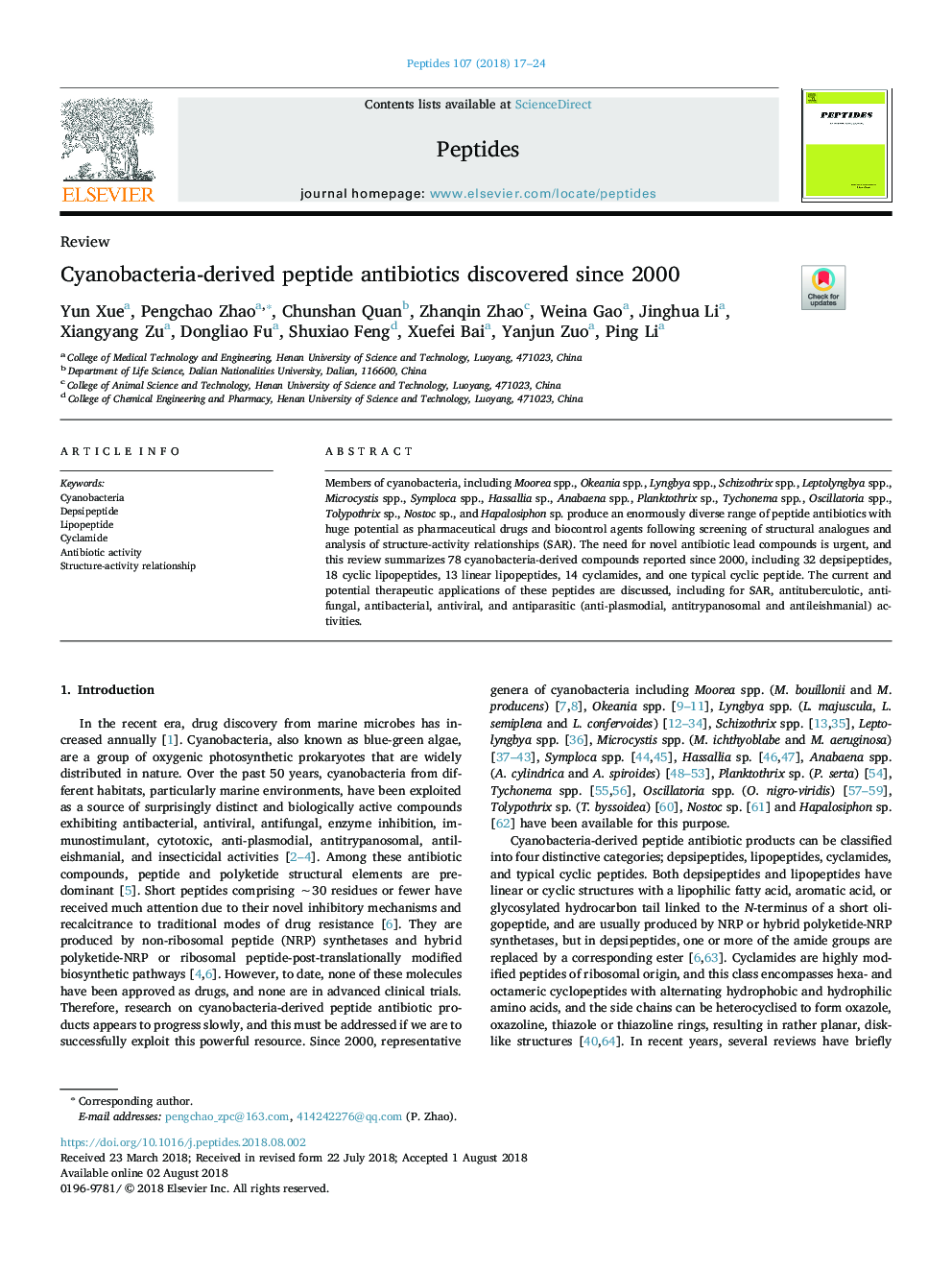 Cyanobacteria-derived peptide antibiotics discovered since 2000