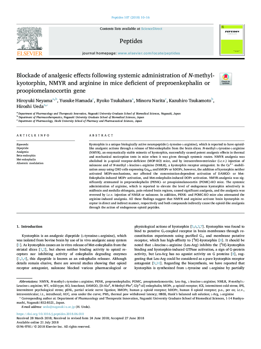 Blockade of analgesic effects following systemic administration of N-methyl-kyotorphin, NMYR and arginine in mice deficient of preproenkephalin or proopiomelanocortin gene