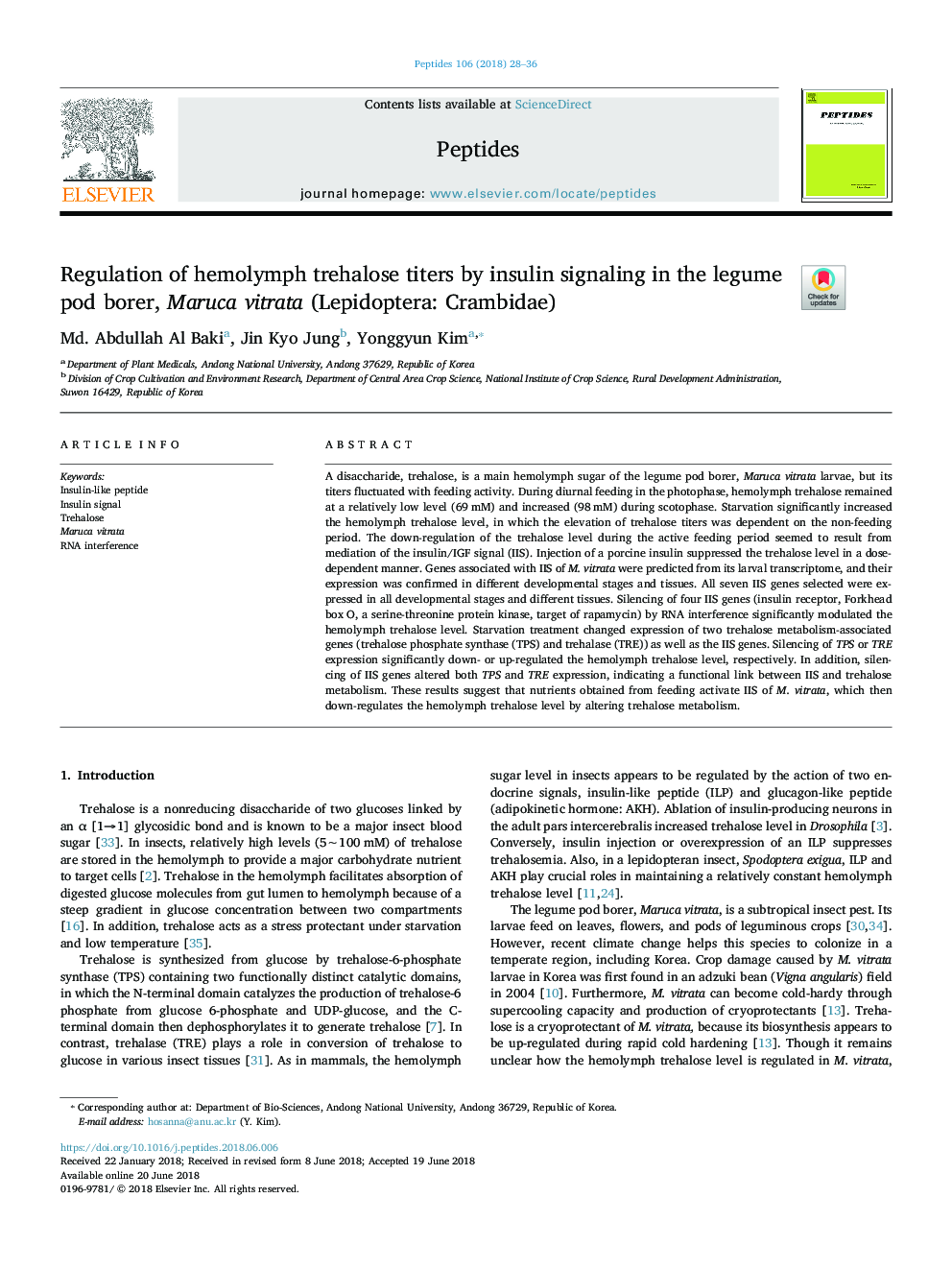 Regulation of hemolymph trehalose titers by insulin signaling in the legume pod borer, Maruca vitrata (Lepidoptera: Crambidae)