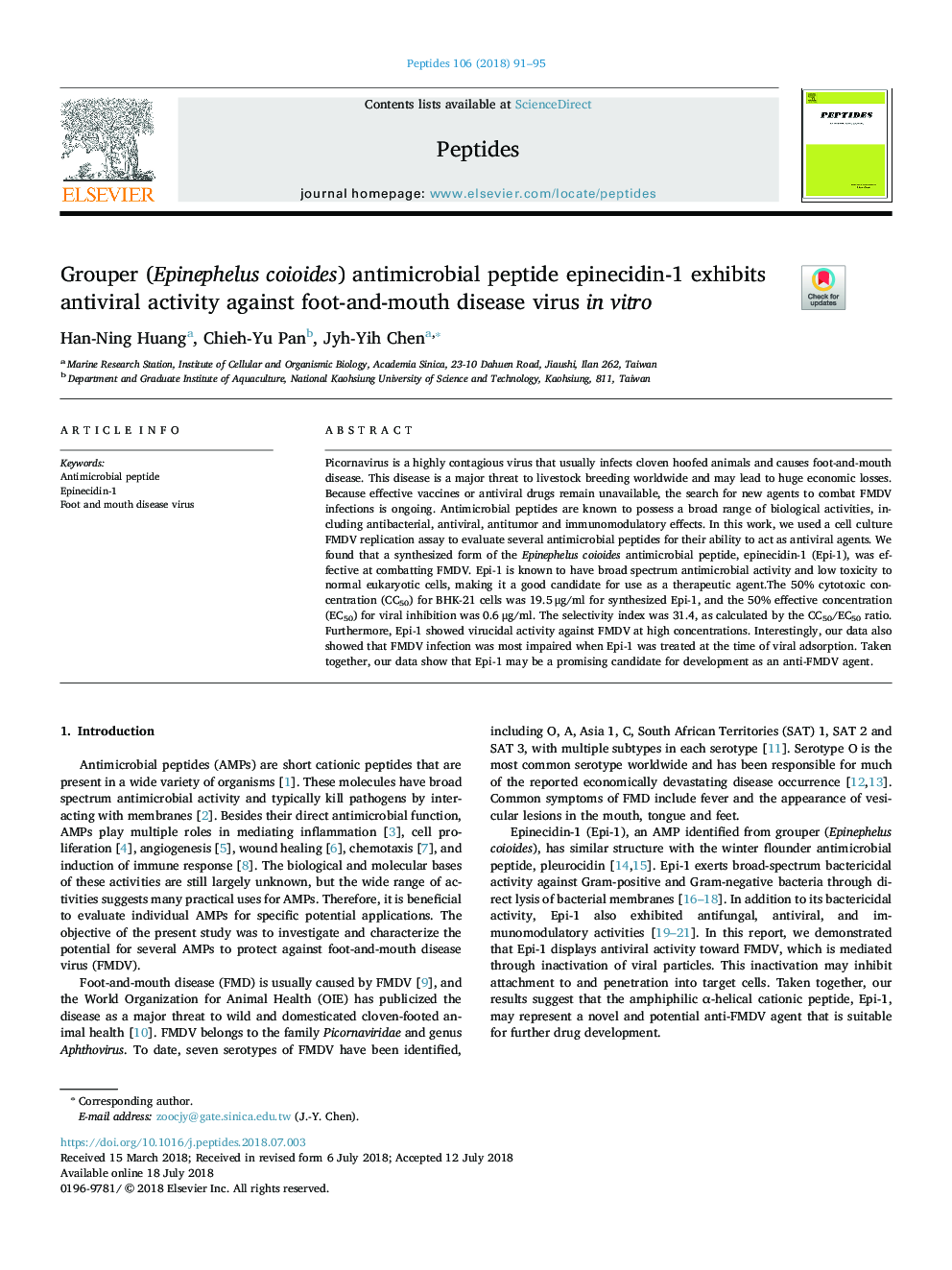 Grouper (Epinephelus coioides) antimicrobial peptide epinecidin-1 exhibits antiviral activity against foot-and-mouth disease virus in vitro