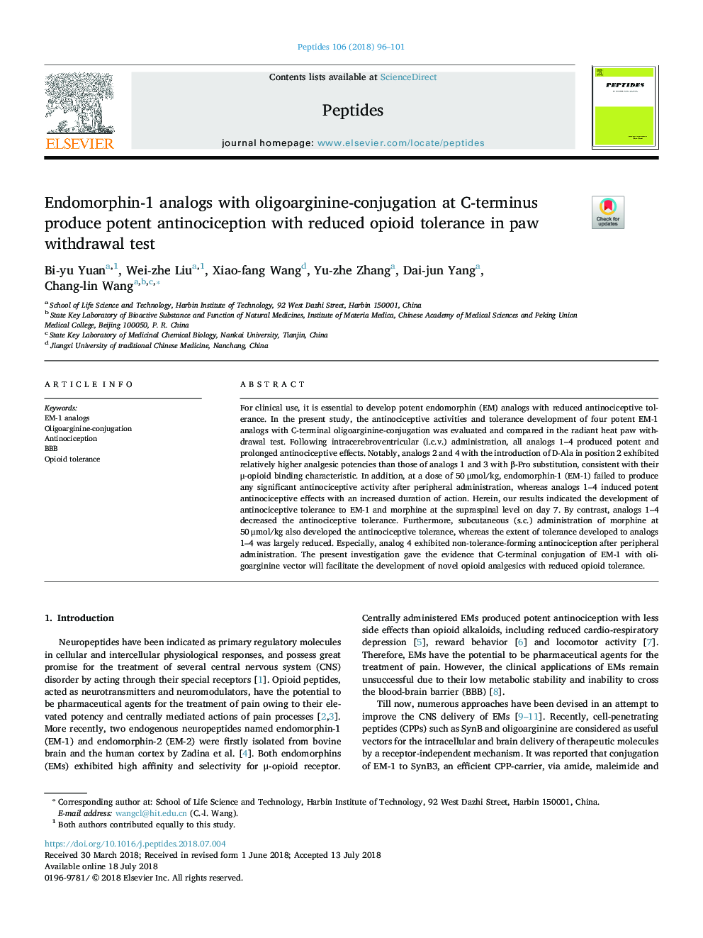 Endomorphin-1 analogs with oligoarginine-conjugation at C-terminus produce potent antinociception with reduced opioid tolerance in paw withdrawal test