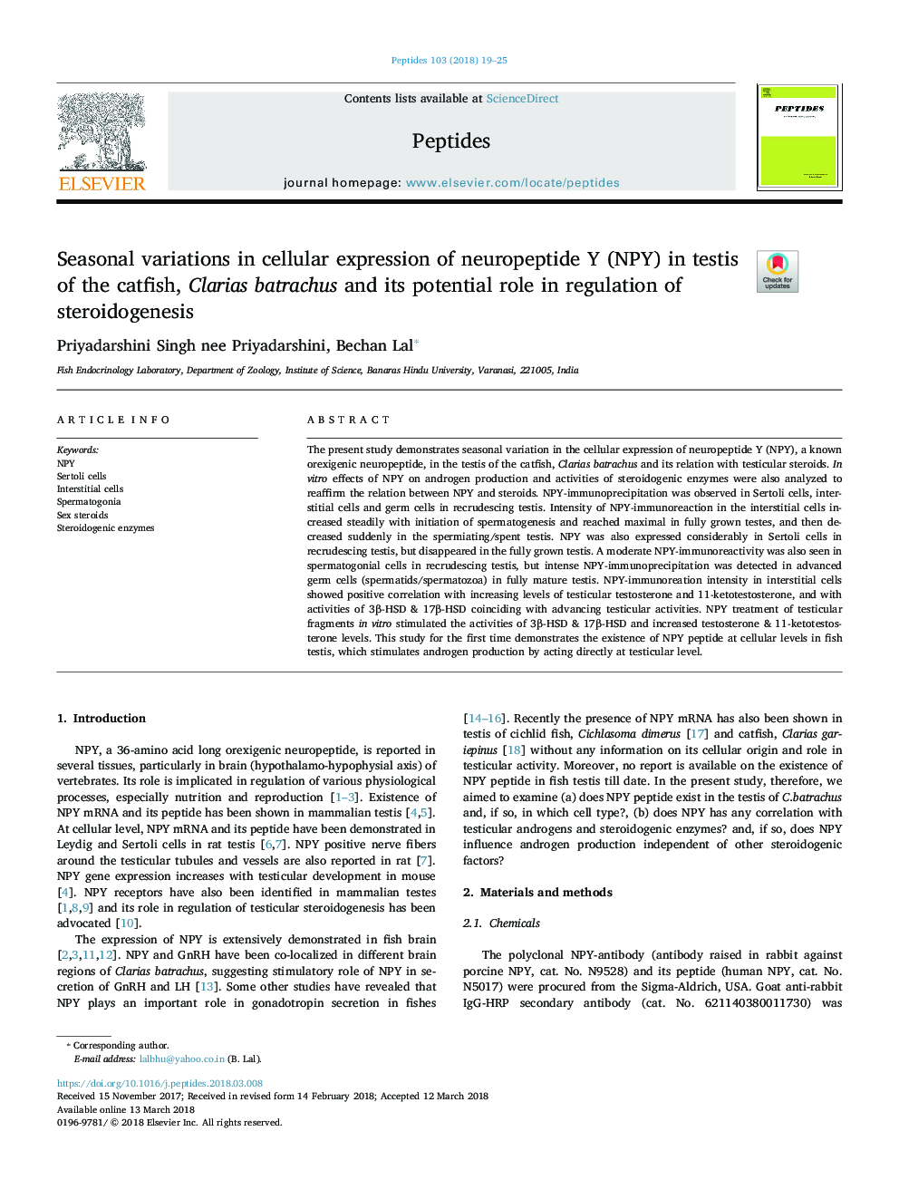Seasonal variations in cellular expression of neuropeptide Y (NPY) in testis of the catfish, Clarias batrachus and its potential role in regulation of steroidogenesis