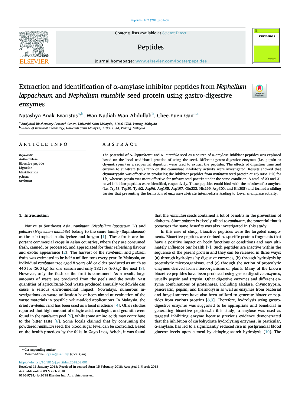 Extraction and identification of Î±-amylase inhibitor peptides from Nephelium lappacheum and Nephelium mutabile seed protein using gastro-digestive enzymes