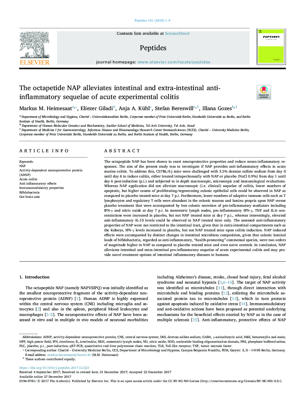 The octapetide NAP alleviates intestinal and extra-intestinal anti-inflammatory sequelae of acute experimental colitis