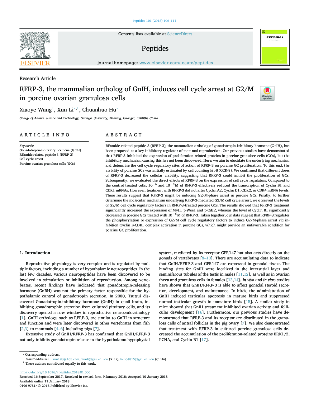 RFRP-3, the mammalian ortholog of GnIH, induces cell cycle arrest at G2/M in porcine ovarian granulosa cells