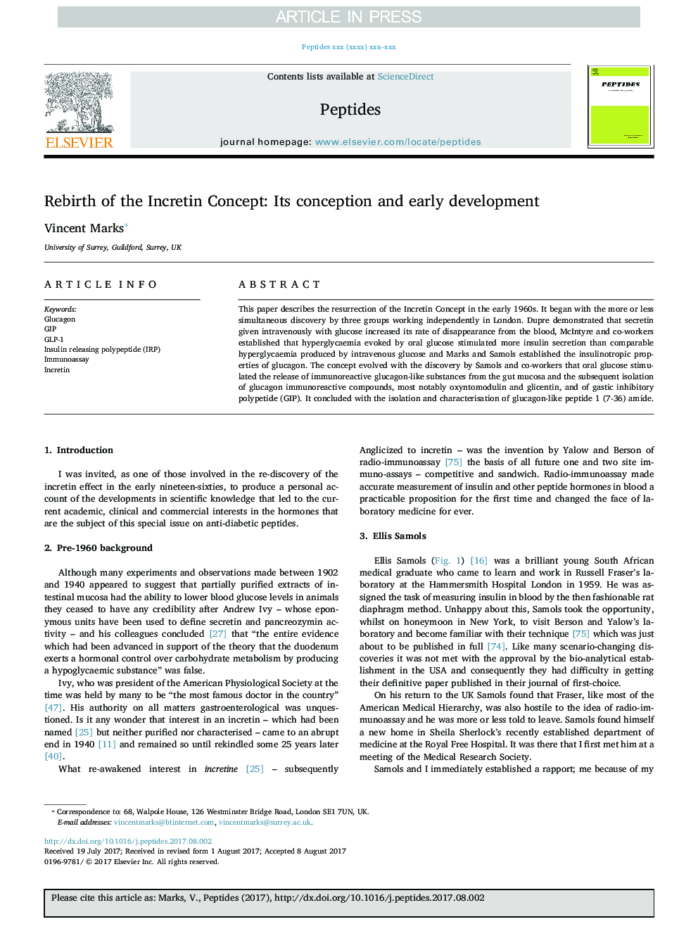 Rebirth of the Incretin Concept: Its conception and early development