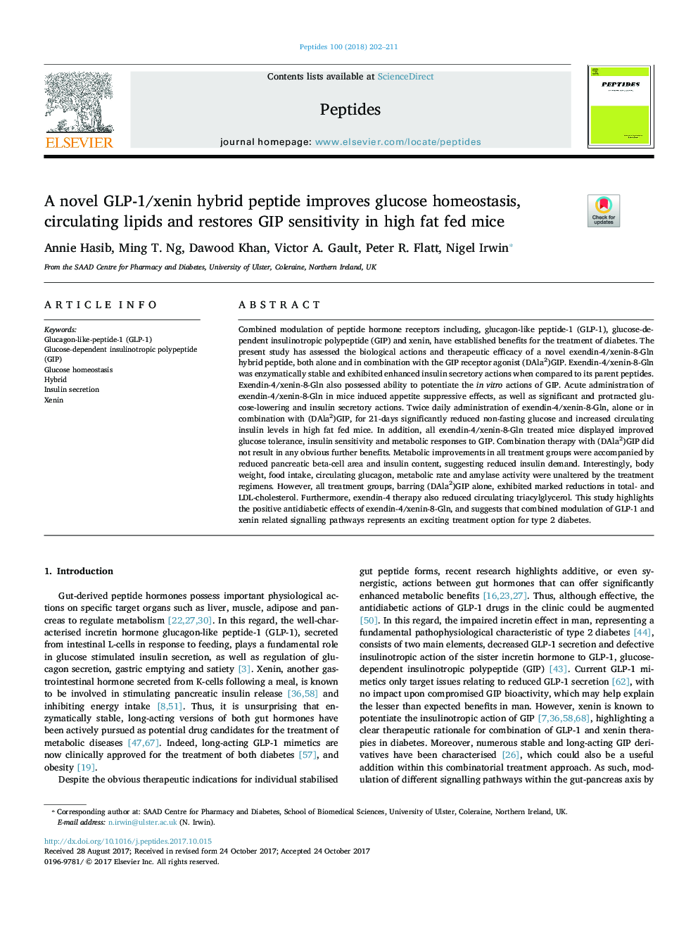 A novel GLP-1/xenin hybrid peptide improves glucose homeostasis, circulating lipids and restores GIP sensitivity in high fat fed mice